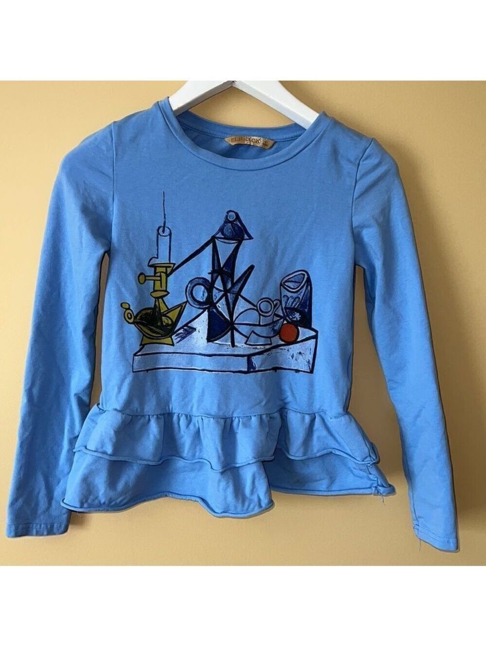 ELF SACK top. Blue with graphic design. Size small.